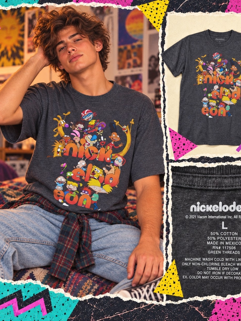 Nickelodeon Cartoon Character Collage Graphic Tee L Retro Y2K Nostalgia